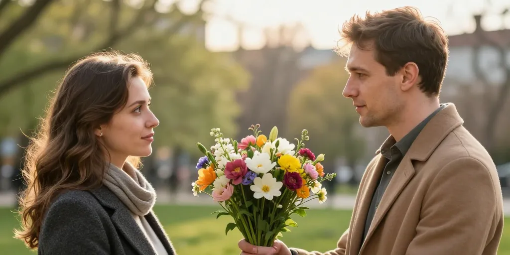 homme qui offre des fleurs signification
